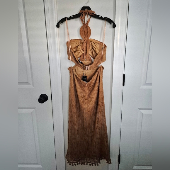 Sylvana Taupe Crochet Halter Midi Dress Gift Going Out Party Sexy Spring  Summer